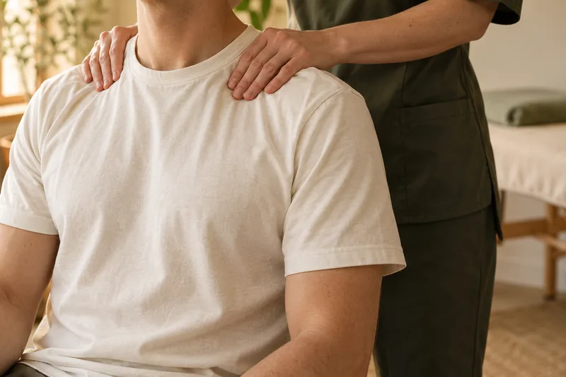A professional massage with warm light and soft linen