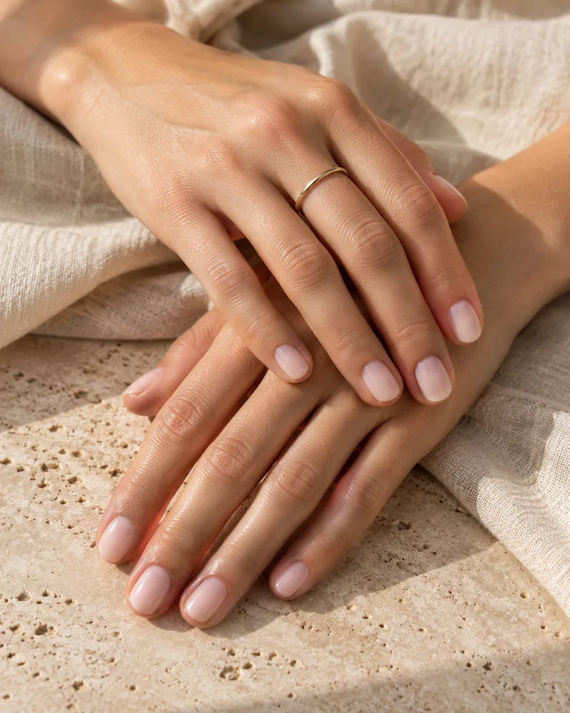 Elegant soft pink nails on relaxed hands, with linen and warm natural textures